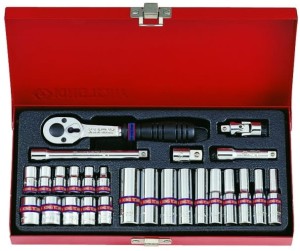 KPL. NASADEK 1/4''  26cz. KRÓTKIE / DŁUGIE,  6-kąt.  CALOWE  5/32 - 1/2''  Z  AKCESORIAMI, CHROM, KASETA King Tony