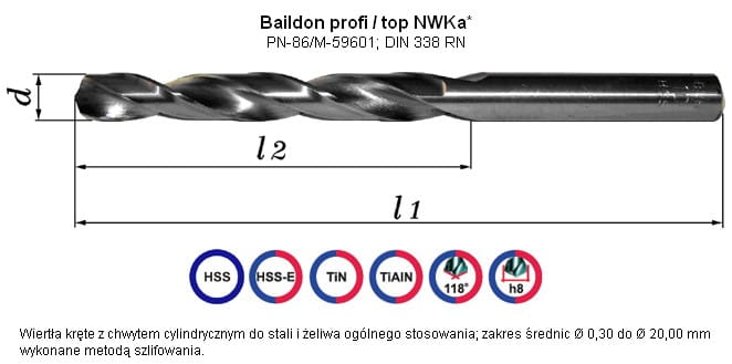 Wiertło z chwytem cylindrycznym NWKa Ø  5,50 szlifowane HSS                                   