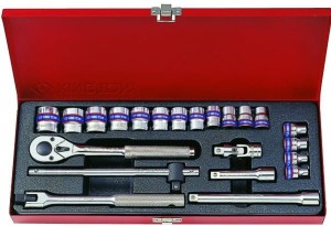 ZESTAW NASADEK 3/8''  23cz.  KRÓTKIE  6-kąt.  6 - 22mm  Z  AKCESORIAMI, CHROM, KASETA King Tony