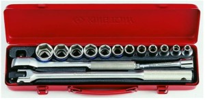 KPL. NASADEK  1/2''   15cz.  KRÓTKIE  6-kąt.   8 - 27mm,  Z  AKCESORIAMI, CHROM, KASETA
