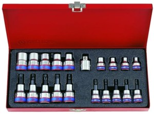 KPL.  NASADEK  Z KOŃCÓWKĄ  HEX / TORX  3/8'' + 1/2''  20cz. KRÓTKIE  E6 - E20, T10 - T55, CHROM, KASETA
