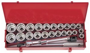 KPL. NASADEK  3/4''  26cz.  KRÓTKIE  12-kąt.  22 - 50mm,  CALOWE  7/8'' - 2''  Z  AKCESORIAMI, CHROM, KASETA
