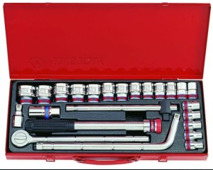 KPL. NASADEK  1/2''   24cz.  KRÓTKIE  6-kąt.  CALOWE  5/16'' - 1.1/4''  Z  AKCESORIAMI, CHROM, KASETA