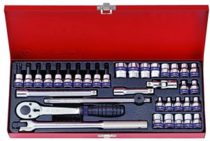 ZESTAW NASADEK 3/8''  34cz.  KRÓTKIE  12-kąt.  6 - 19mm, E4 - E18, T8 - T40  Z  AKCESORIAMI, CHROM, KASETA King Tony