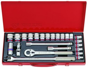 KPL. NASADEK  1/2''   24cz.  KRÓTKIE  6-kąt.  CALOWE  5/16'' - 1.1/4''  Z  AKCESORIAMI, CHROM, KASETA
