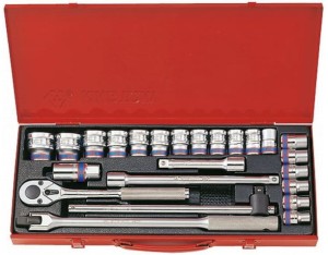 KPL. NASADEK  1/2''   24cz.  KRÓTKIE  6-kąt.  10 - 32mm  Z  AKCESORIAMI, CHROM, KASETA