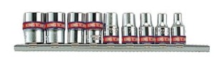 KPL. NASADEK 1/4''   9cz. KRÓTKIE,  6-kąt. CALOWE  5/32 - 1/2''  CHROM,  SZYNA,  BLISTER King Tony