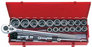 KPL. NASADEK  3/4''  23cz.  KRÓTKIE  12-kąt.  21 - 50mm  Z  AKCESORIAMI, CHROM, KASETA