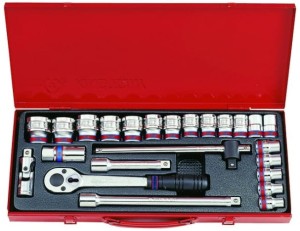 KPL. NASADEK  1/2''   24cz.  KRÓTKIE  12-kąt.  CALOWE  3/8'' - 1.1/4''  Z  AKCESORIAMI, CHROM, KASETA