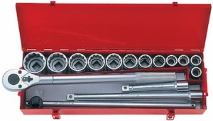 KPL. NASADEK  3/4''  16cz.  KRÓTKIE  6-kąt.  21 - 50mm  Z  AKCESORIAMI, CHROM, KASETA