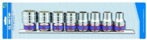 KPL. NASADEK  1/2''   8cz.  KRÓTKIE  6-kąt.  10 - 22mm,  CHROM,  SZYNA, BLISTER