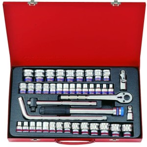 KPL. NASADEK  1/2''   43cz.  KRÓTKIE  6-kąt.   8 - 32mm,  CALOWE  3/8'' - 1.1/4''  Z  AKCESORIAMI, CHROM, KASETA