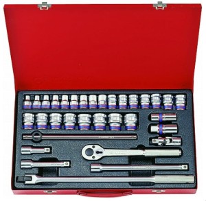 KPL. NASADEK  1/2''   33cz.  KRÓTKIE  6-kąt.  8 - 32mm  Z  AKCESORIAMI, CHROM, KASETA