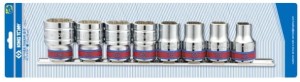 KPL. NASADEK  1/2''  8cz.  KRÓTKIE  12-kąt.  CALOWE  3/8'' - 7/8'',  CHROM,  SZYNA, BLISTER